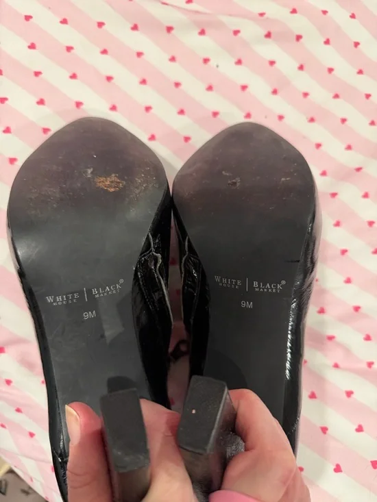 White House Black Market Black Patent Leather High Block Heel Booties - Picture 3 of 6